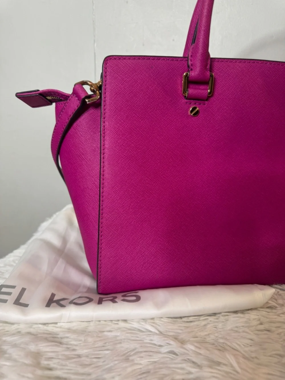 Michael Kors Hot Pink Saffiano Leather Satchel Crossbody Bag with Dust Bag.